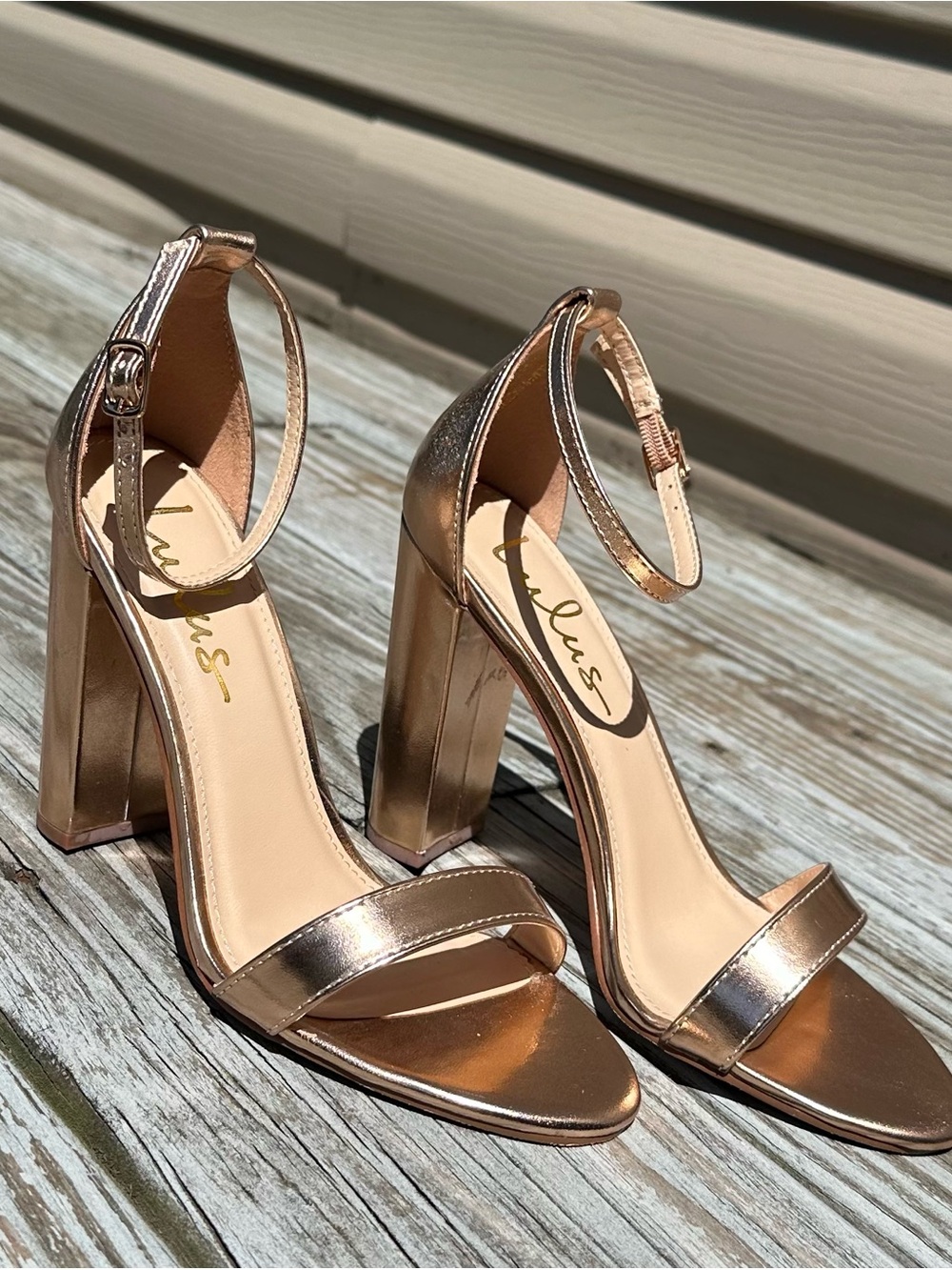 Lulu's Metallic Rose Gold Block Heel Ankle-Strap Sandals WORN ONCE